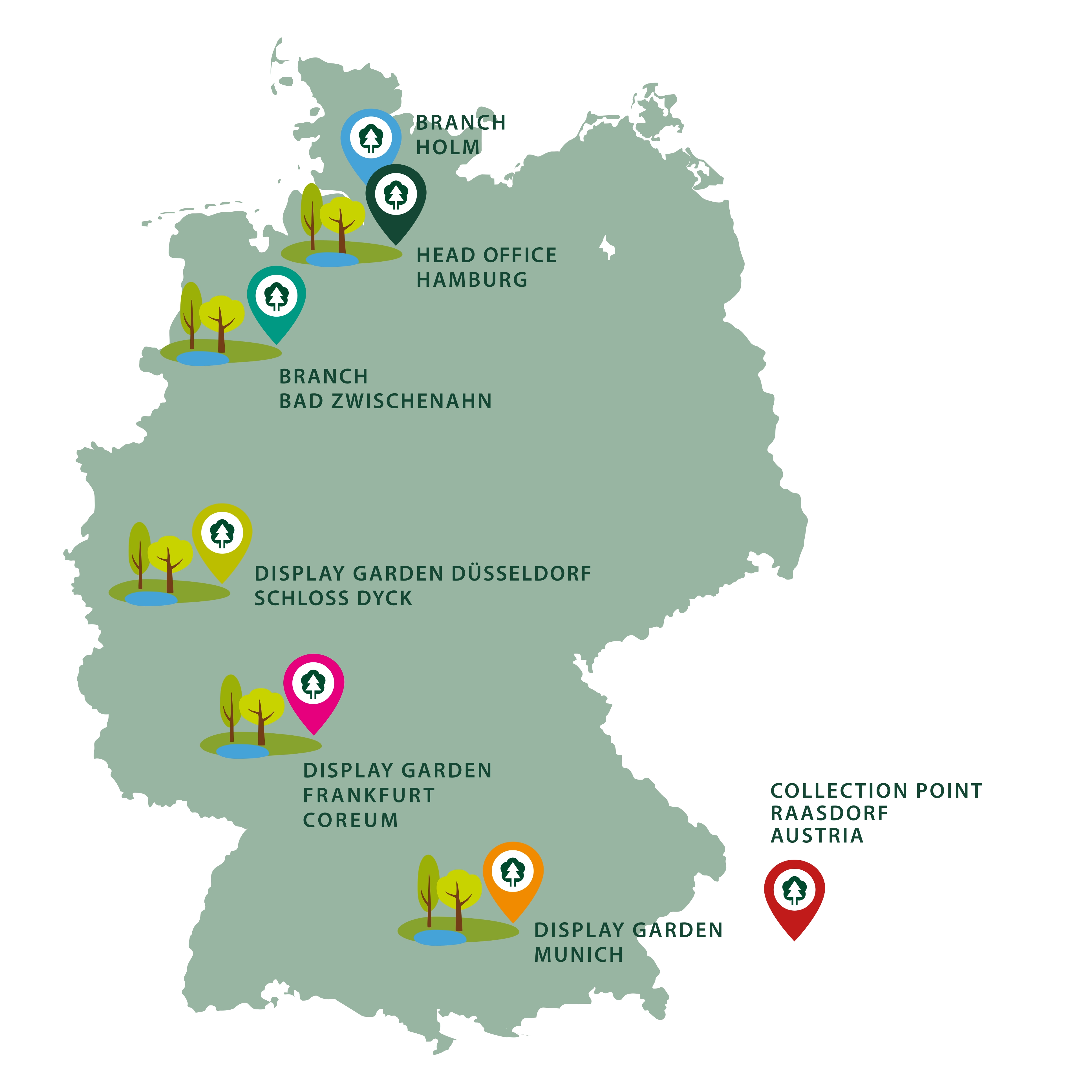 The locations of the Lorenz von Ehren nursery, one of the leading nurseries in Europe. Whether in Hamburg, Düsseldorf, Frankfurt, Munich or Berlin, we offer you the entire range of shrubs from our own production or as a dealer.
